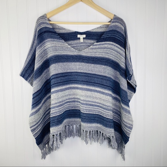 Soft Joie Olynn Blue Stripe Poncho V- Neck Fringe Sweater Size Small - Picture 3 of 8